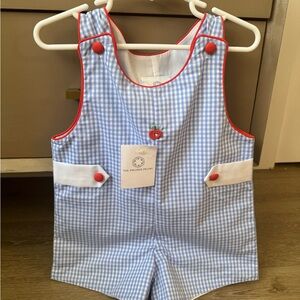 Proper Peony Blue Gingham Kids Romper with Orange Accents